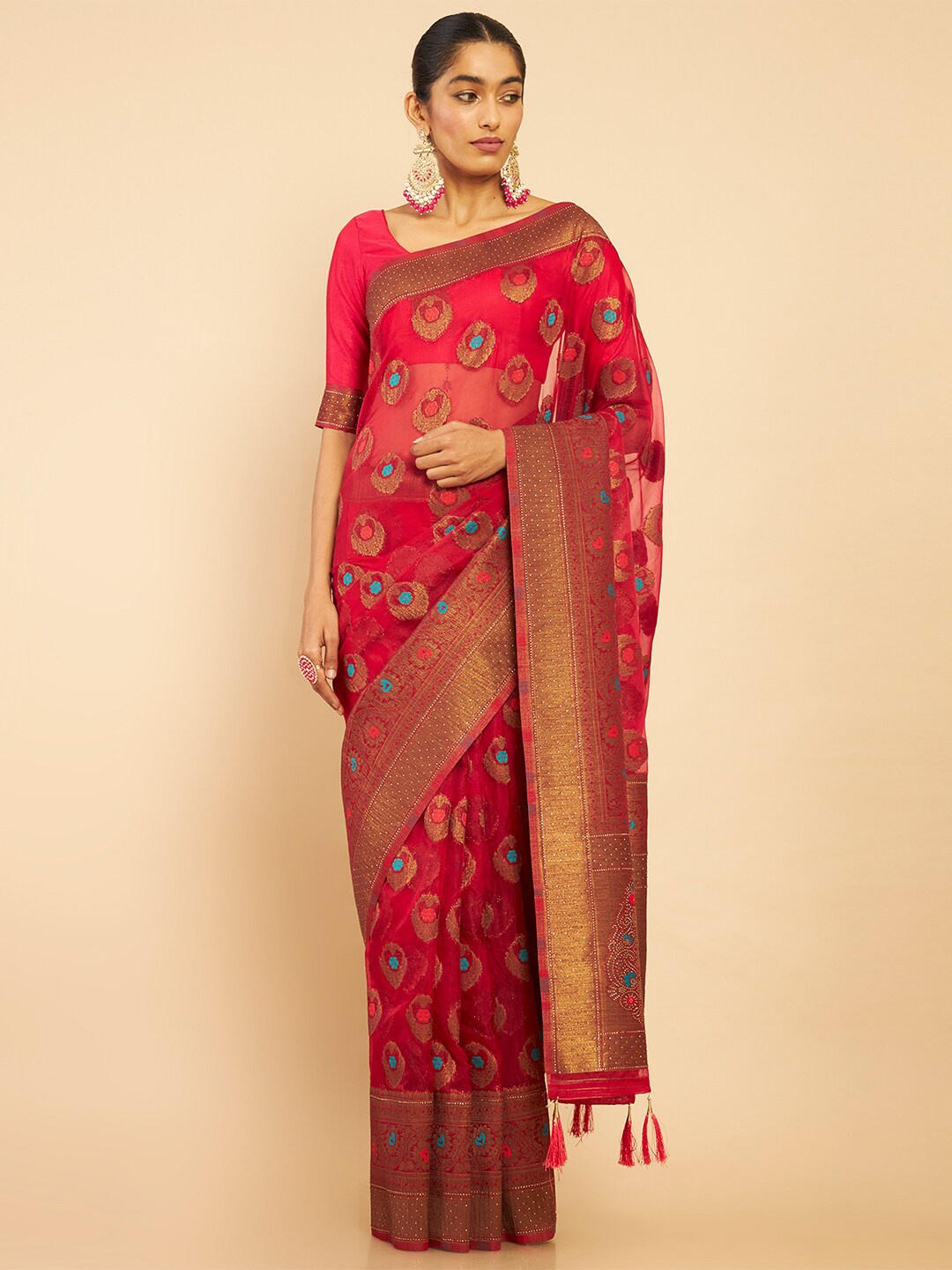 

Soch Maroon & Gold-Toned Woven Design Zari Silk Blend Tussar Saree