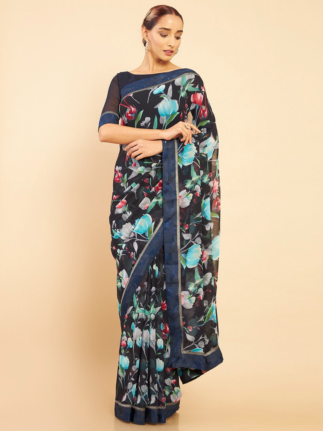 

Soch Blue & Red Floral Pure Georgette Saree