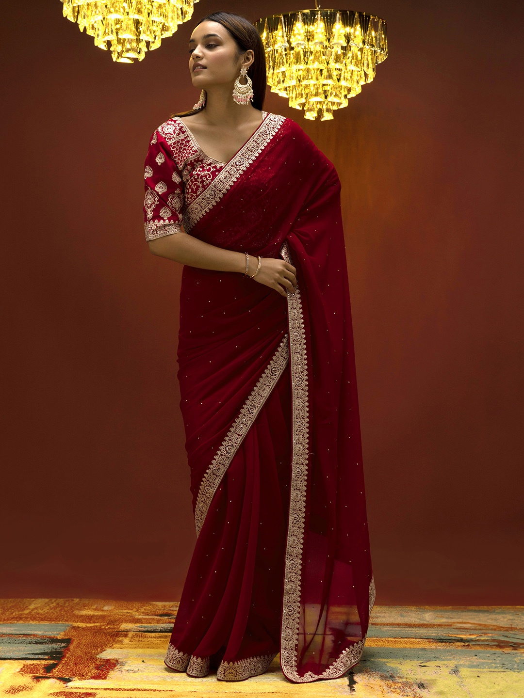 

Soch Maroon & Off White Floral Beads and Stones Pure Georgette Saree