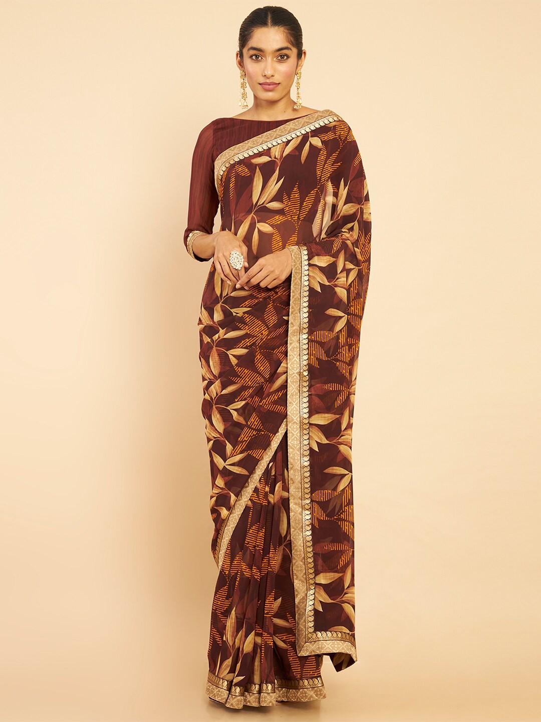 

Soch Brown & Gold-Toned Floral Pure Georgette Saree