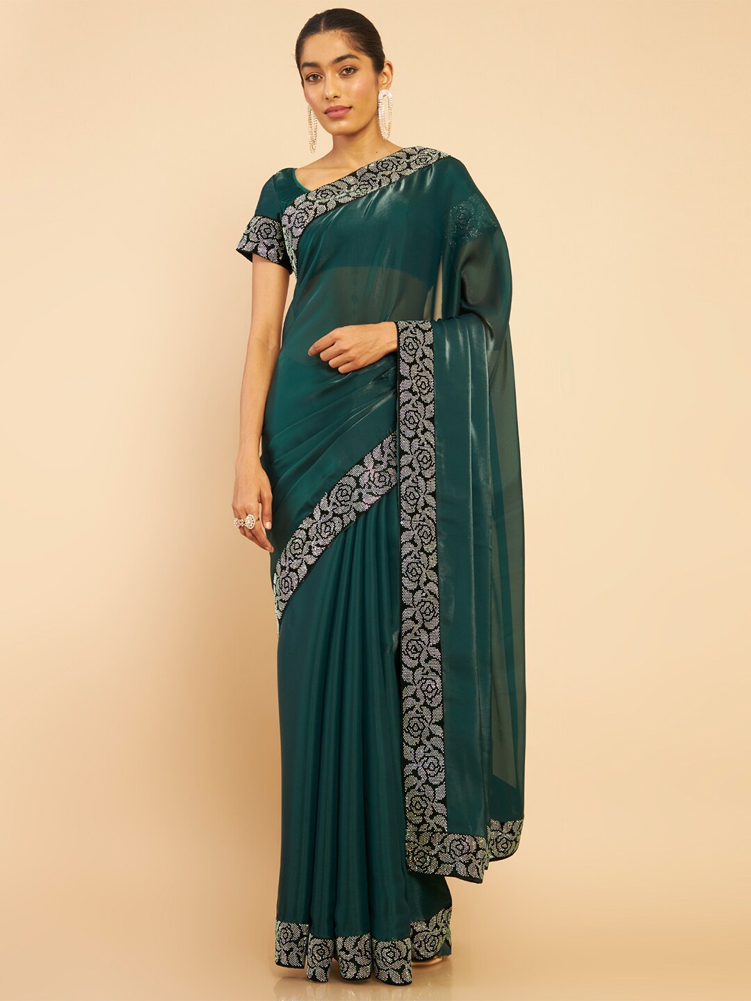 

Soch Women Green & Silver-Toned Beads and Stones Organza Saree