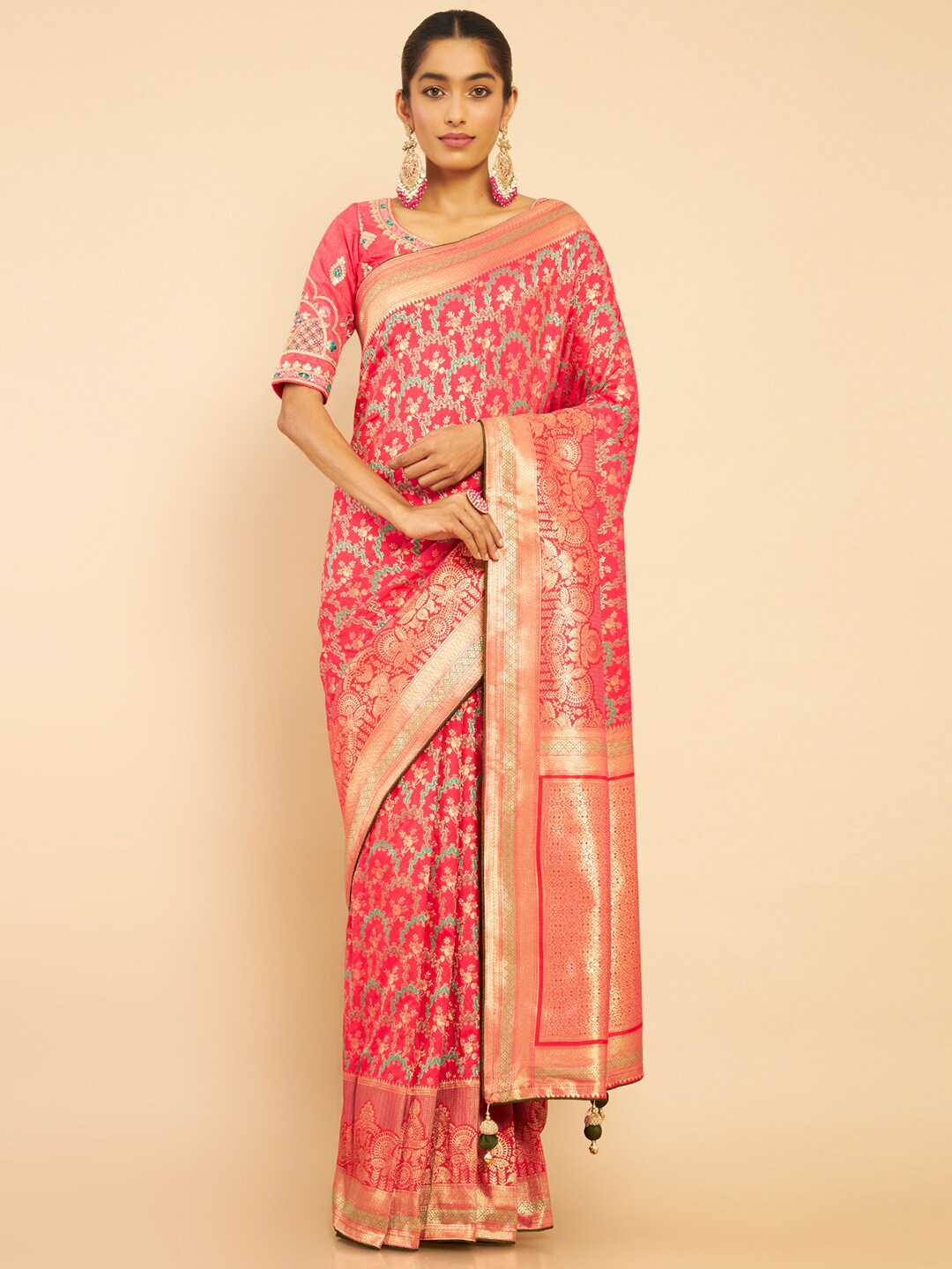 

Soch Coral & Gold-Toned Ethnic Motifs Zari Tussar Saree