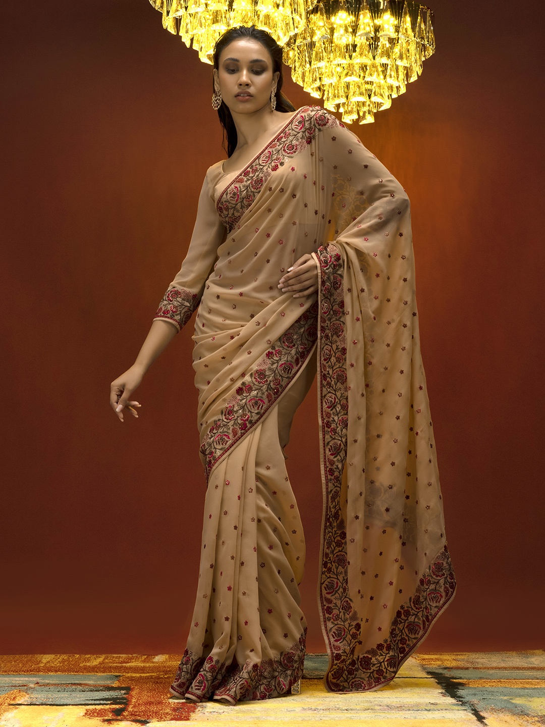 

Soch Beige & Maroon Floral Embroidered Pure Georgette Saree