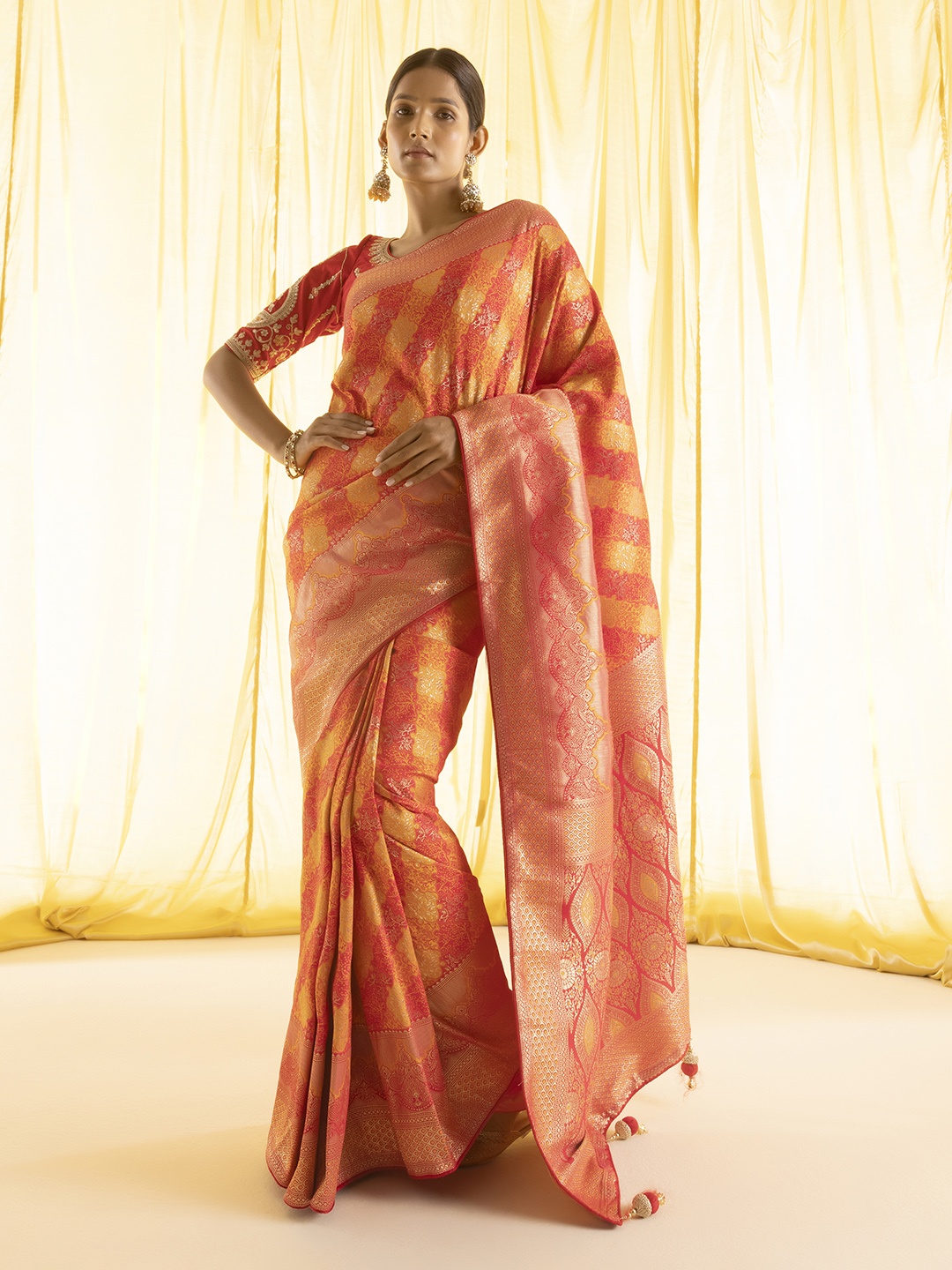 

Soch Orange & Yellow Woven Design Zari Silk Blend Tussar Saree