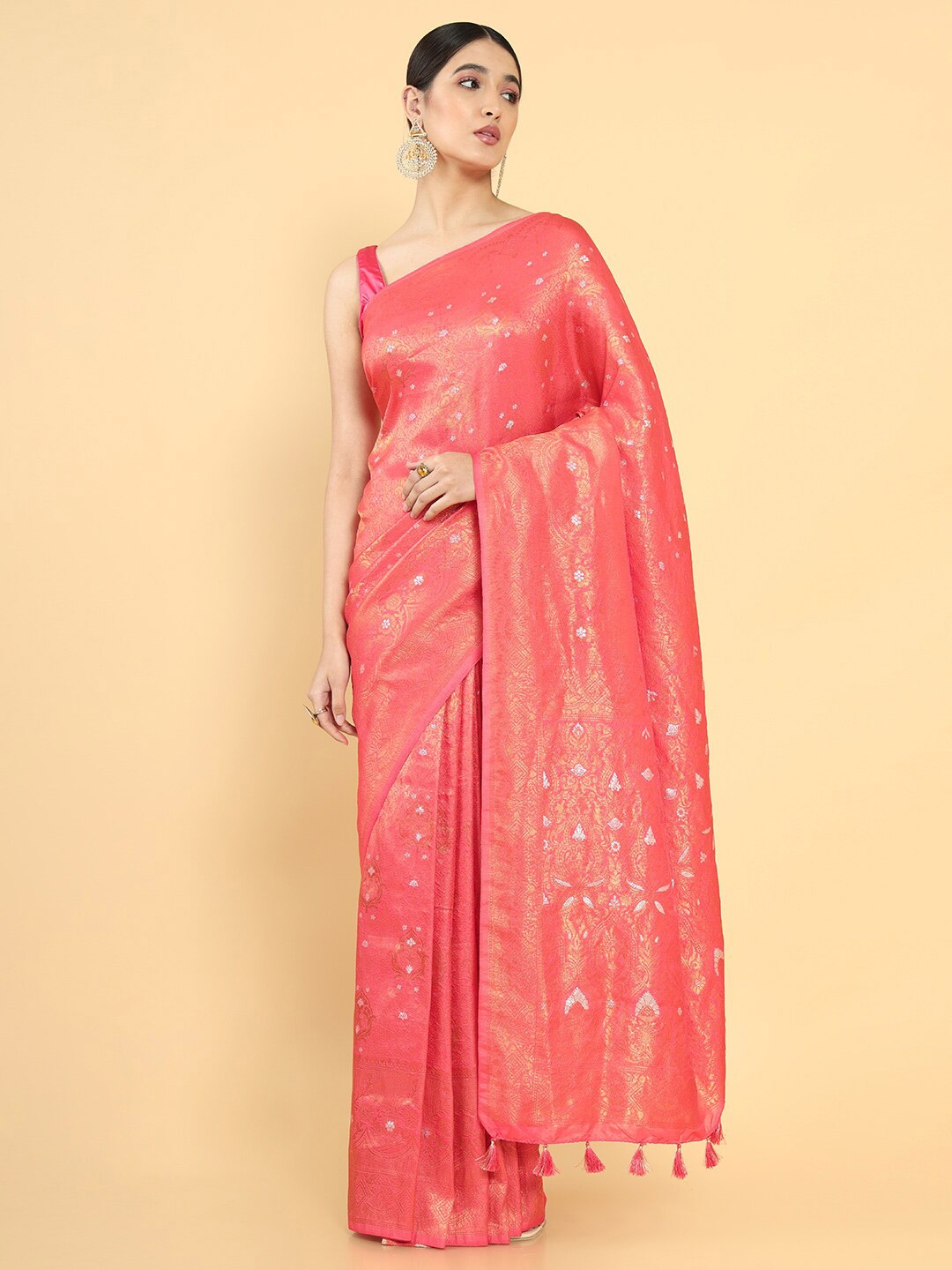 

Soch Fuchsia & Gold-Toned Woven Design Zari Silk Blend Tussar Saree