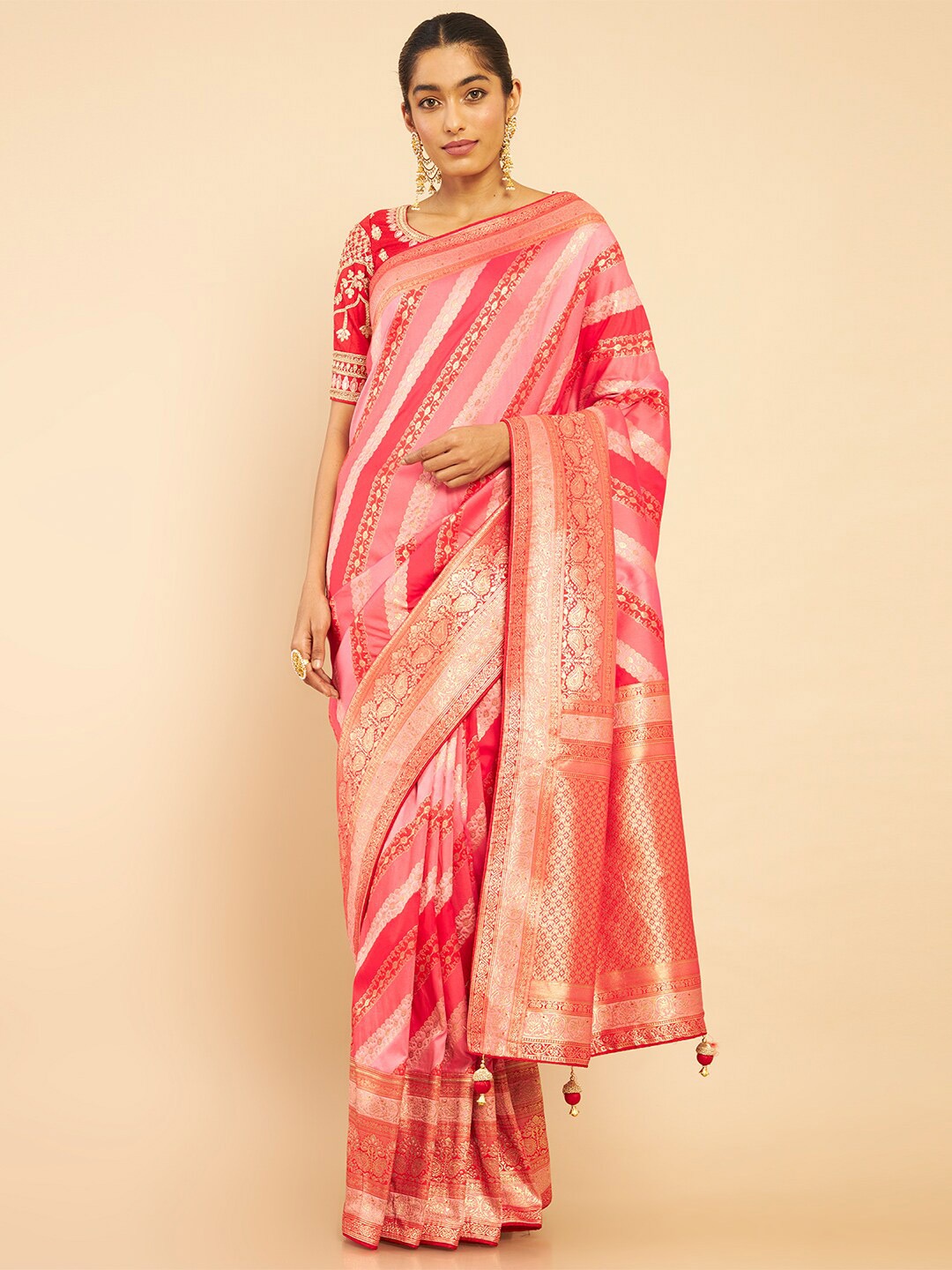

Soch Coral & Gold-Toned Woven Design Zari Silk Blend Tussar Saree