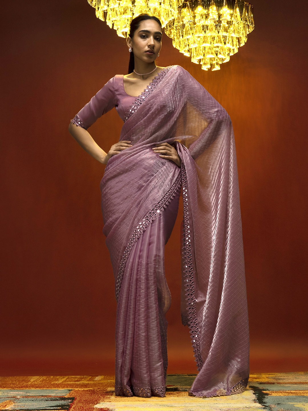 

Soch Pink Embellished Mirror Work Organza Saree