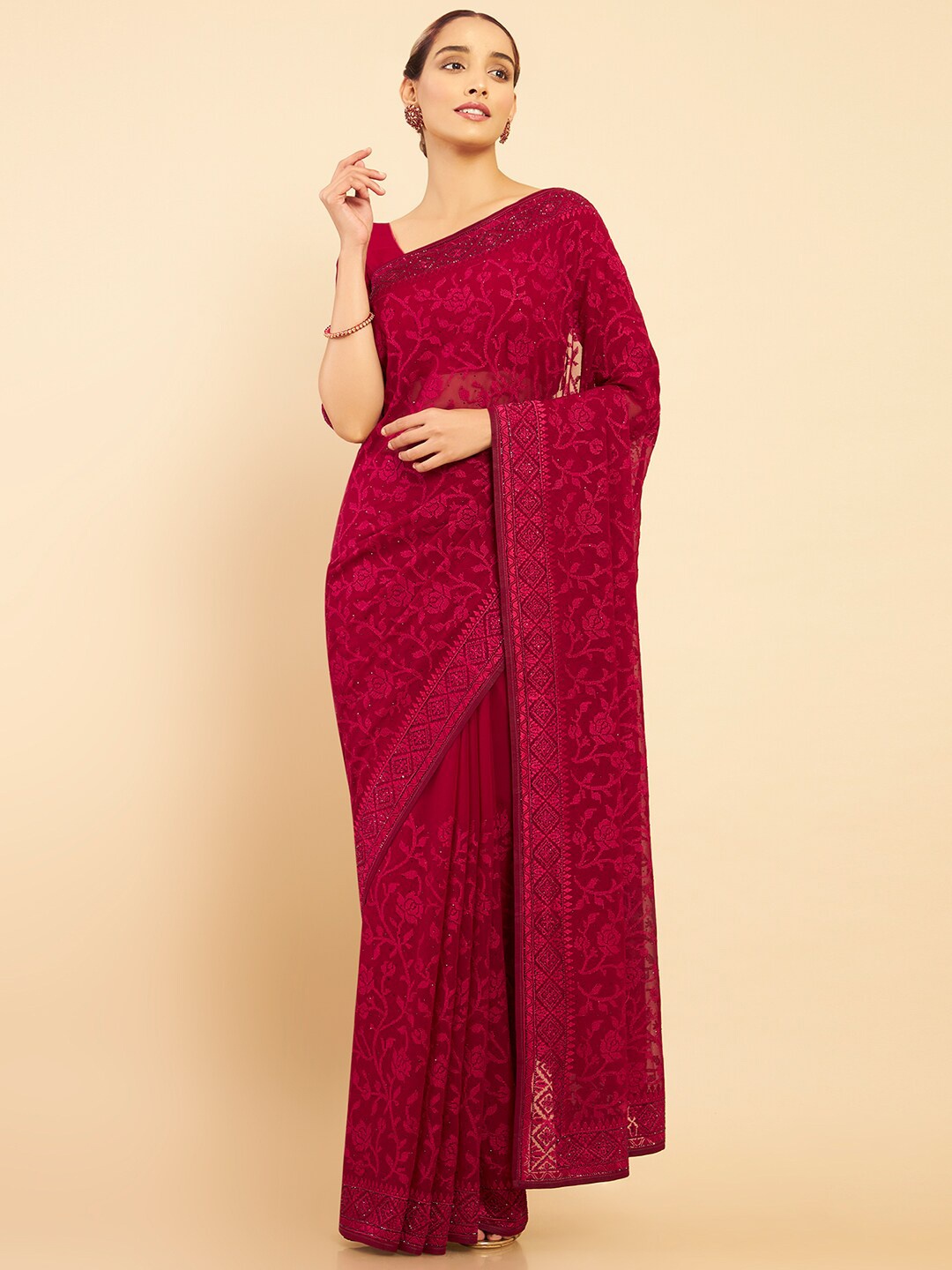 

Soch Red Floral Embroidered Pure Georgette Saree