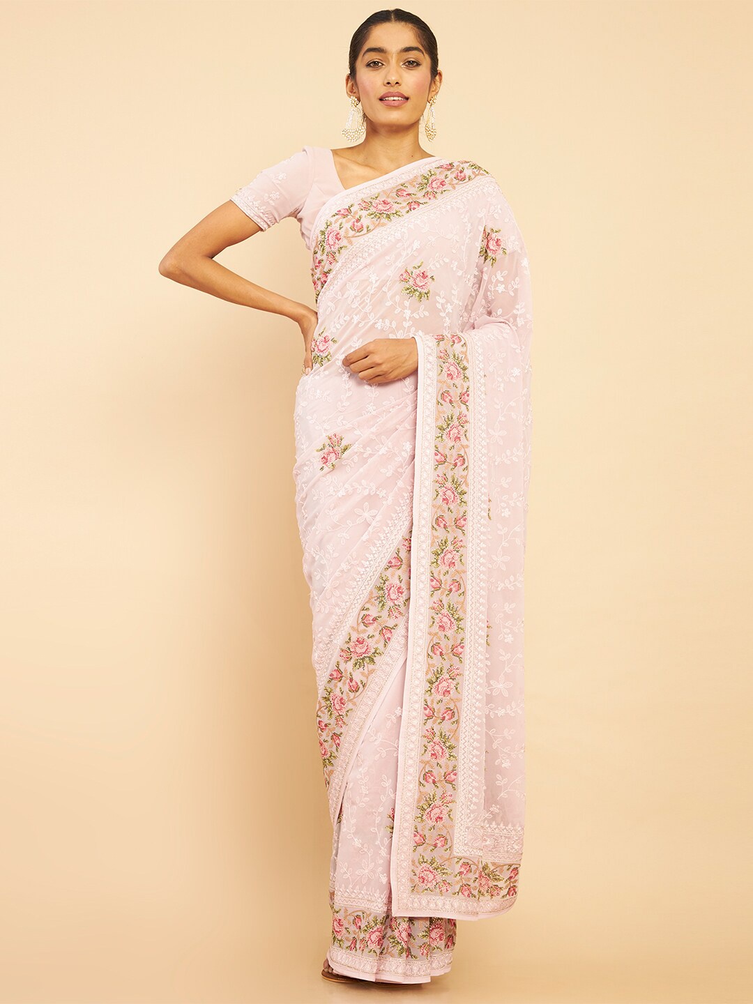 

Soch Purple & Green Floral Sequined Pure Georgette Saree