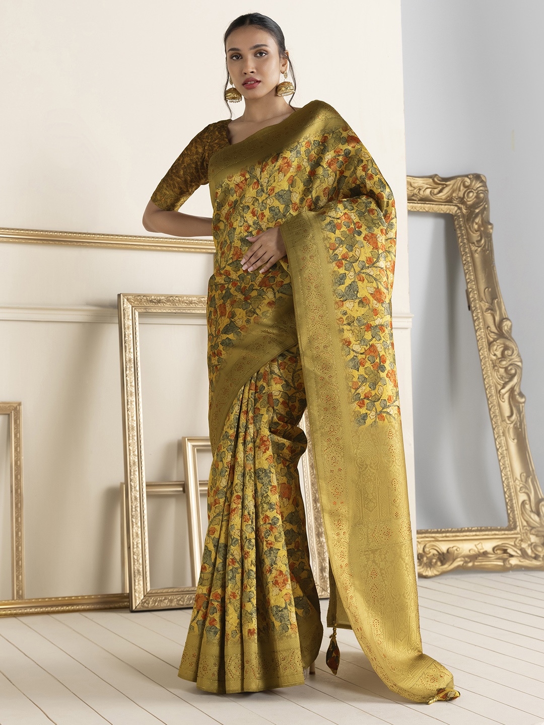 

Soch Mustard & Grey Printed Beads and Stones Silk Cotton Saree