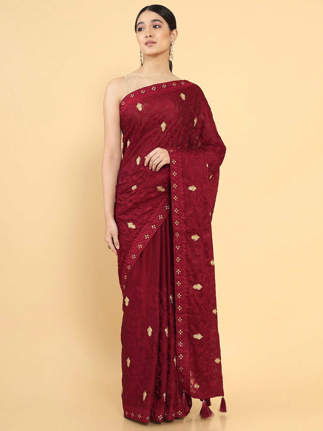 

Soch Maroon & Beige Floral Embroidered Silk Blend Tussar Saree