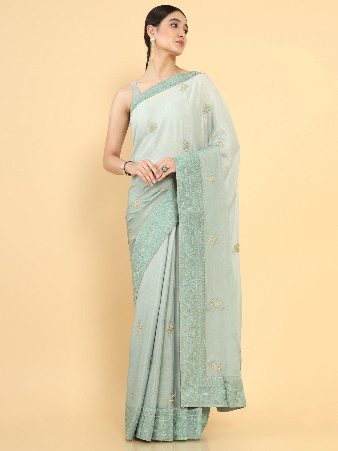 

Soch Green & Gold-Toned Floral Embroidered Pure Chiffon Saree