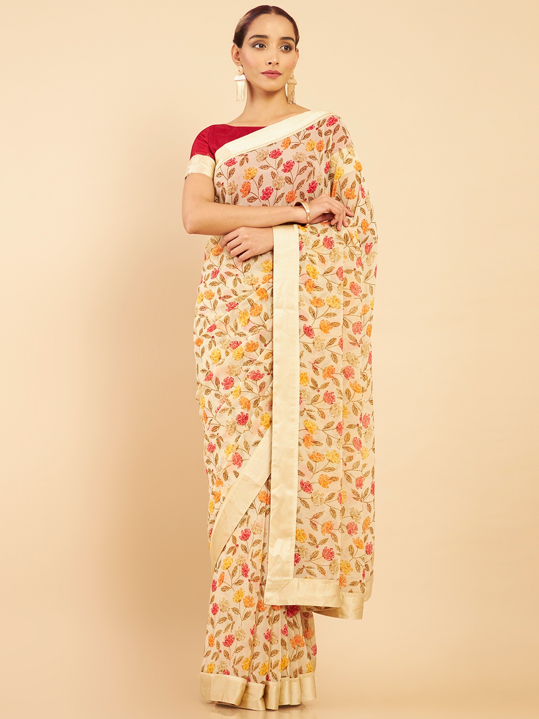 

Soch Teal & Mustard Printed Pure Georgette Saree With Unstitched Blouse Piece
