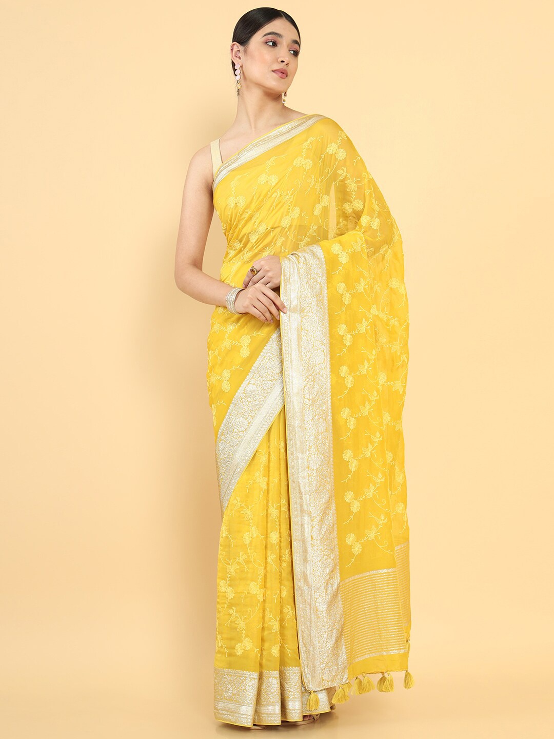 

Soch Mustard & Silver-Toned Floral Zari Organza Saree