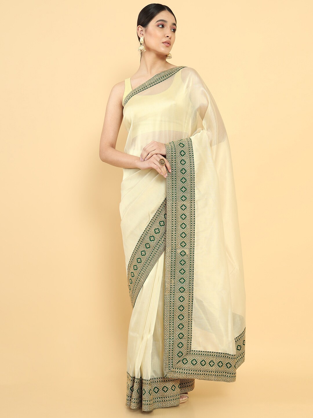 

Soch Beige & Green Embroidered Silk Blend Tussar Saree