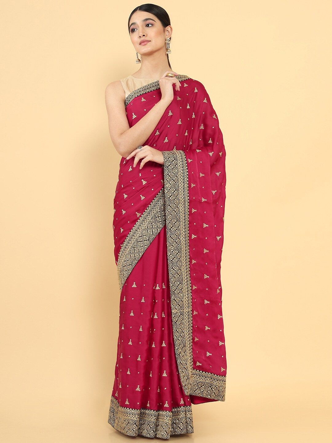 

Soch Maroon & Gold-Toned Floral Embroidered Pure Chiffon Saree