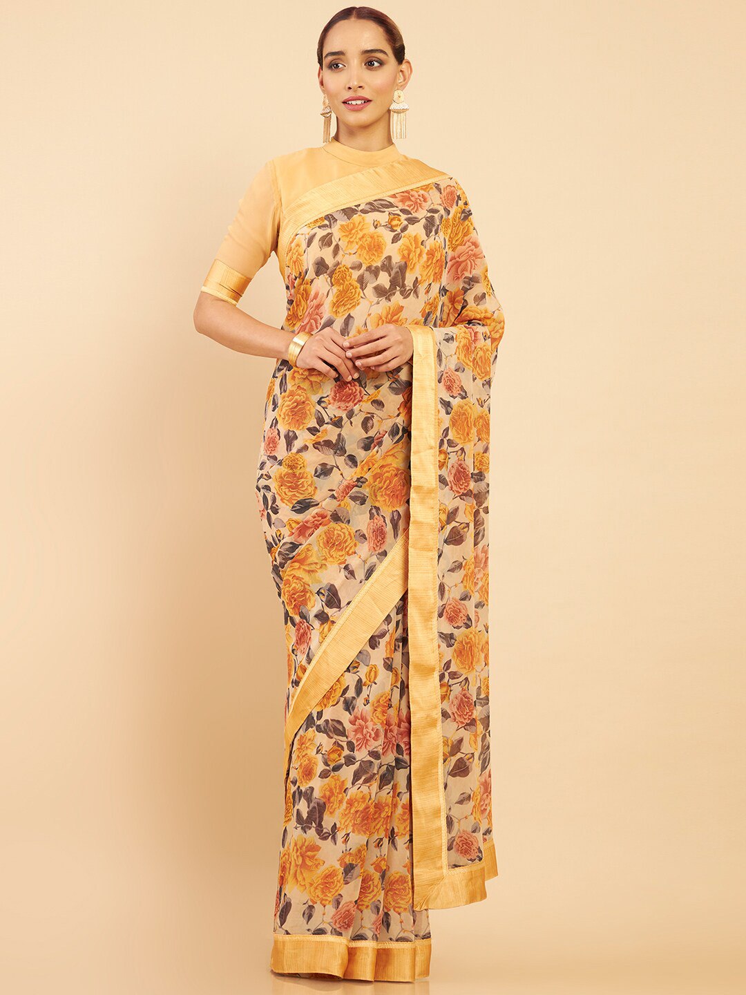 

Soch Brown & Orange Floral Pure Georgette Saree