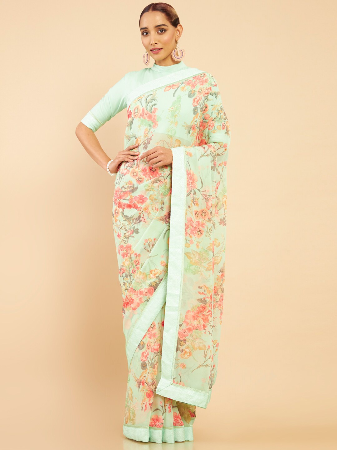 

Soch Green & Pink Floral Pure Georgette Saree