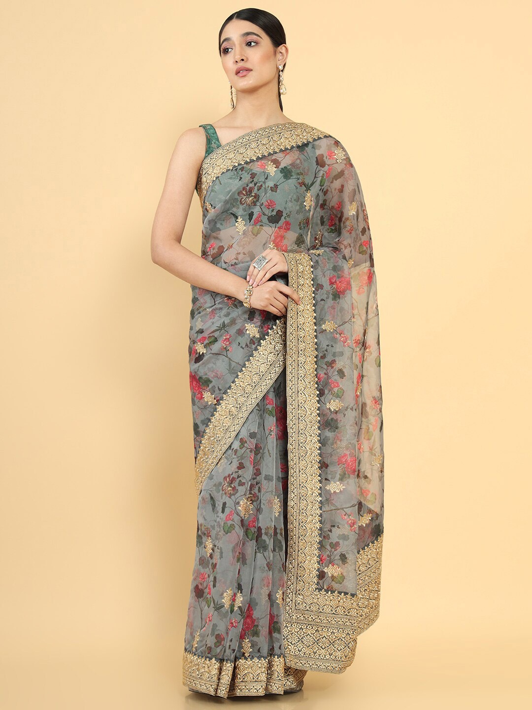 

Soch Grey & Pink Floral Embroidered Organza Saree