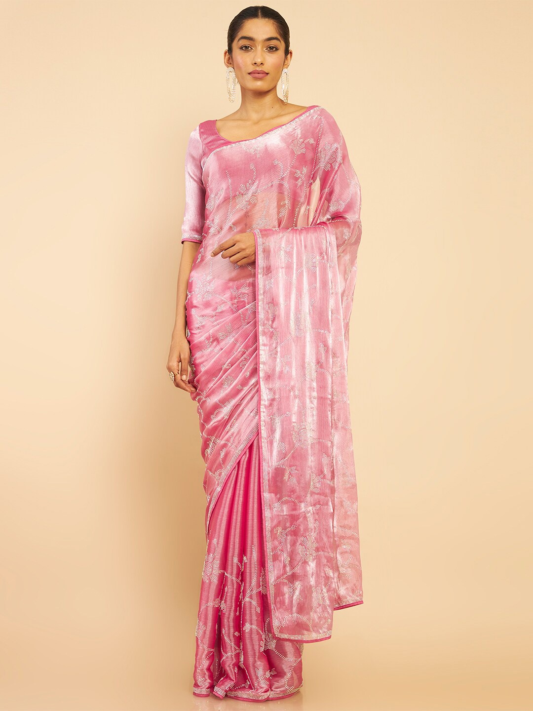 

Soch Women Pink & Silver-Toned Floral Organza Saree