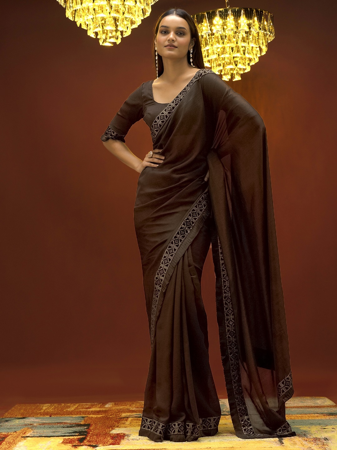 

Soch Brown & Gold-Toned Beads and Stones Silk Blend Saree