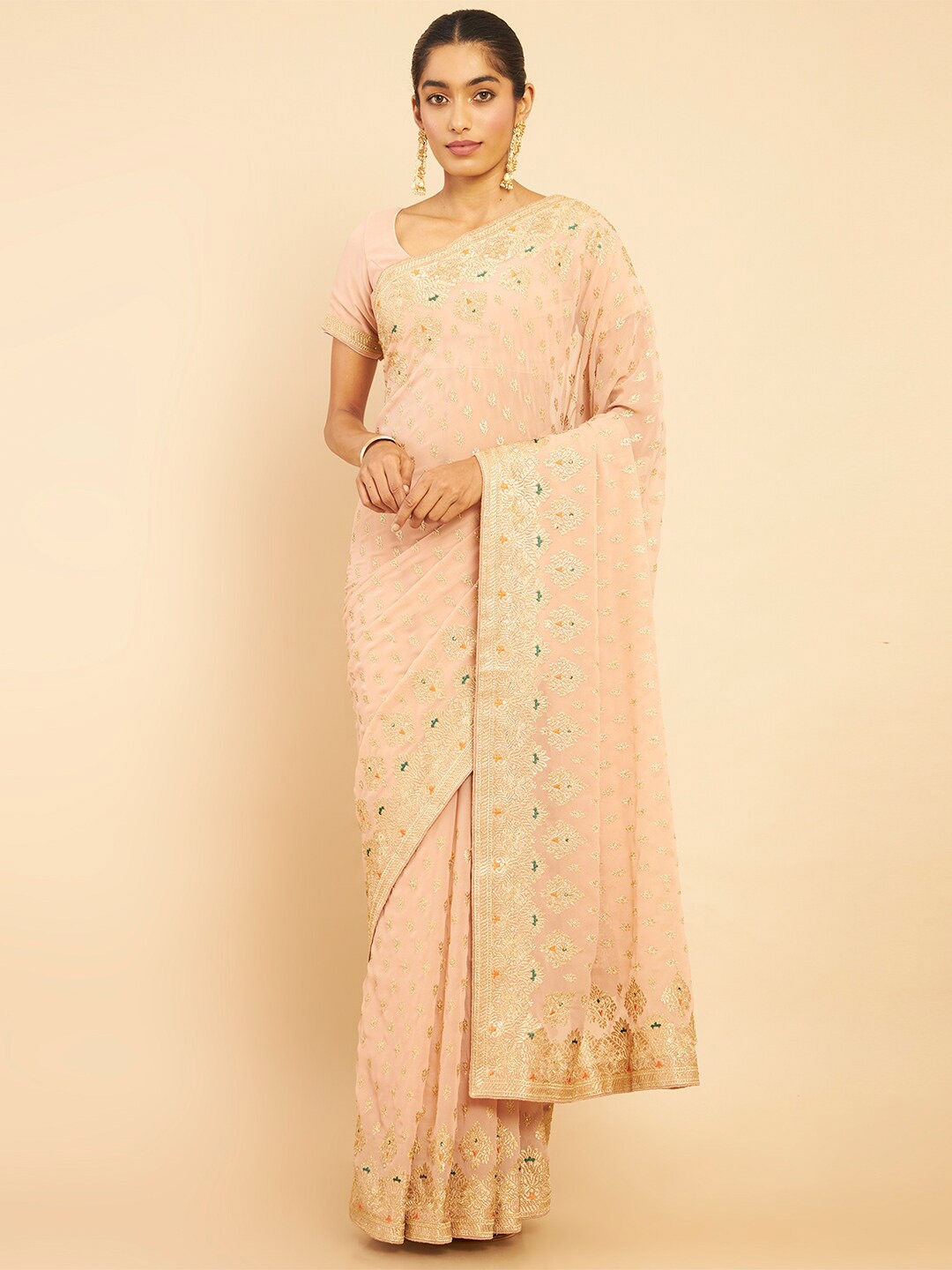 

Soch Pink & Gold-Toned Floral Embroidered Pure Georgette Saree