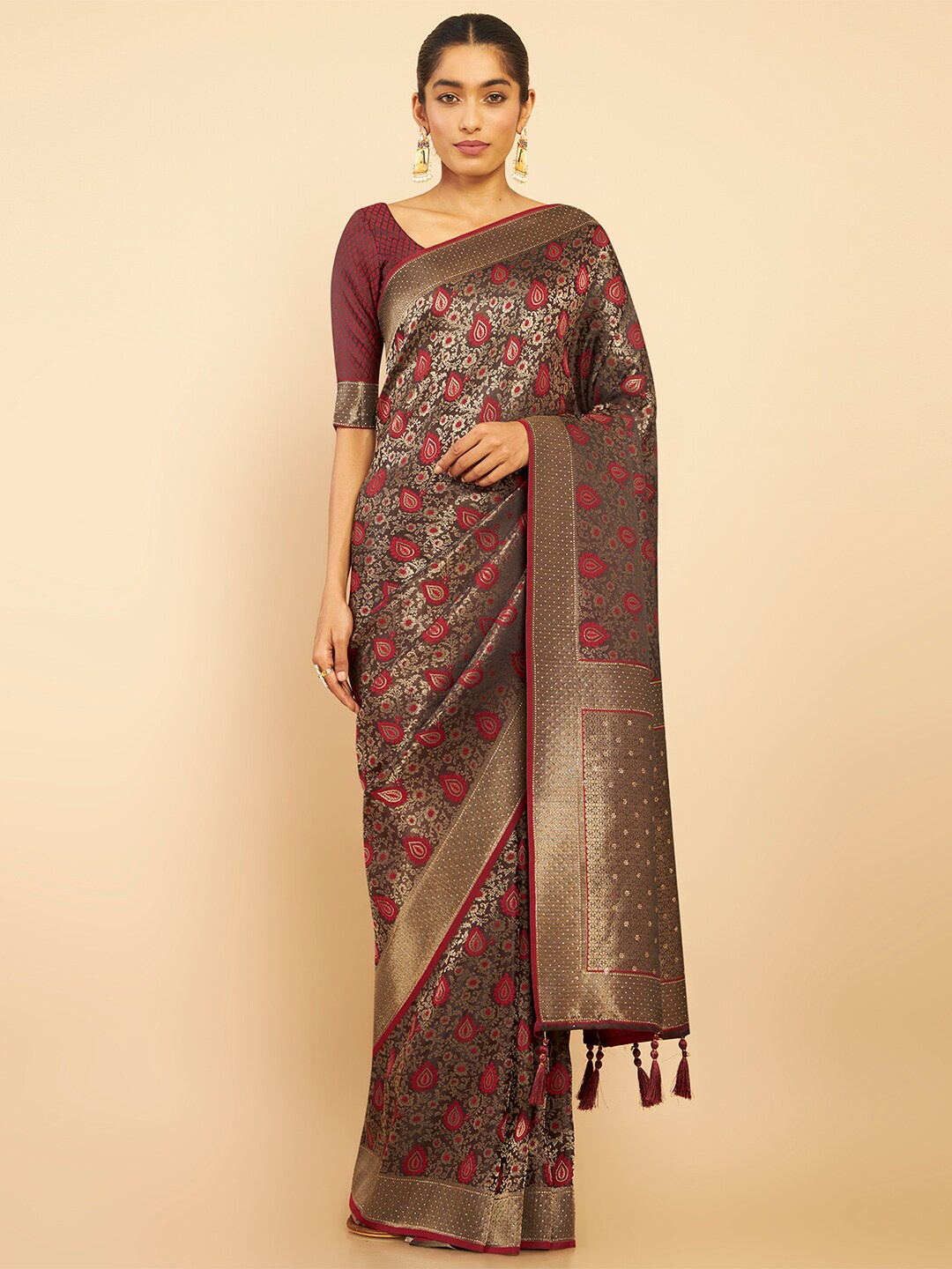 

Soch Grey & Red Woven Design Zari Silk Blend Saree