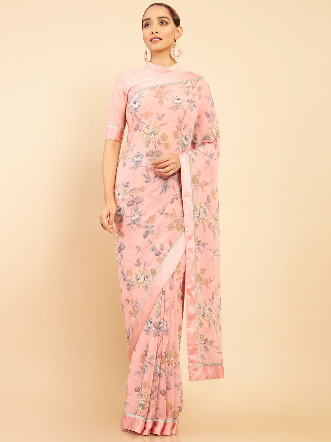 

Soch Pink & Grey Floral Printed Pure Georgette Saree