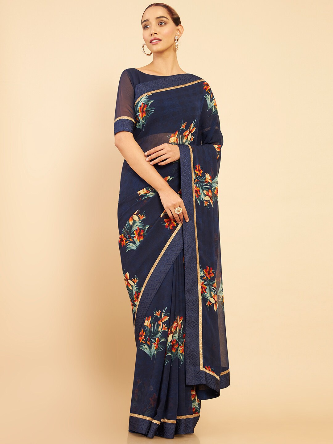 

Soch Navy Blue & Red Floral Printed Pure Georgette Saree