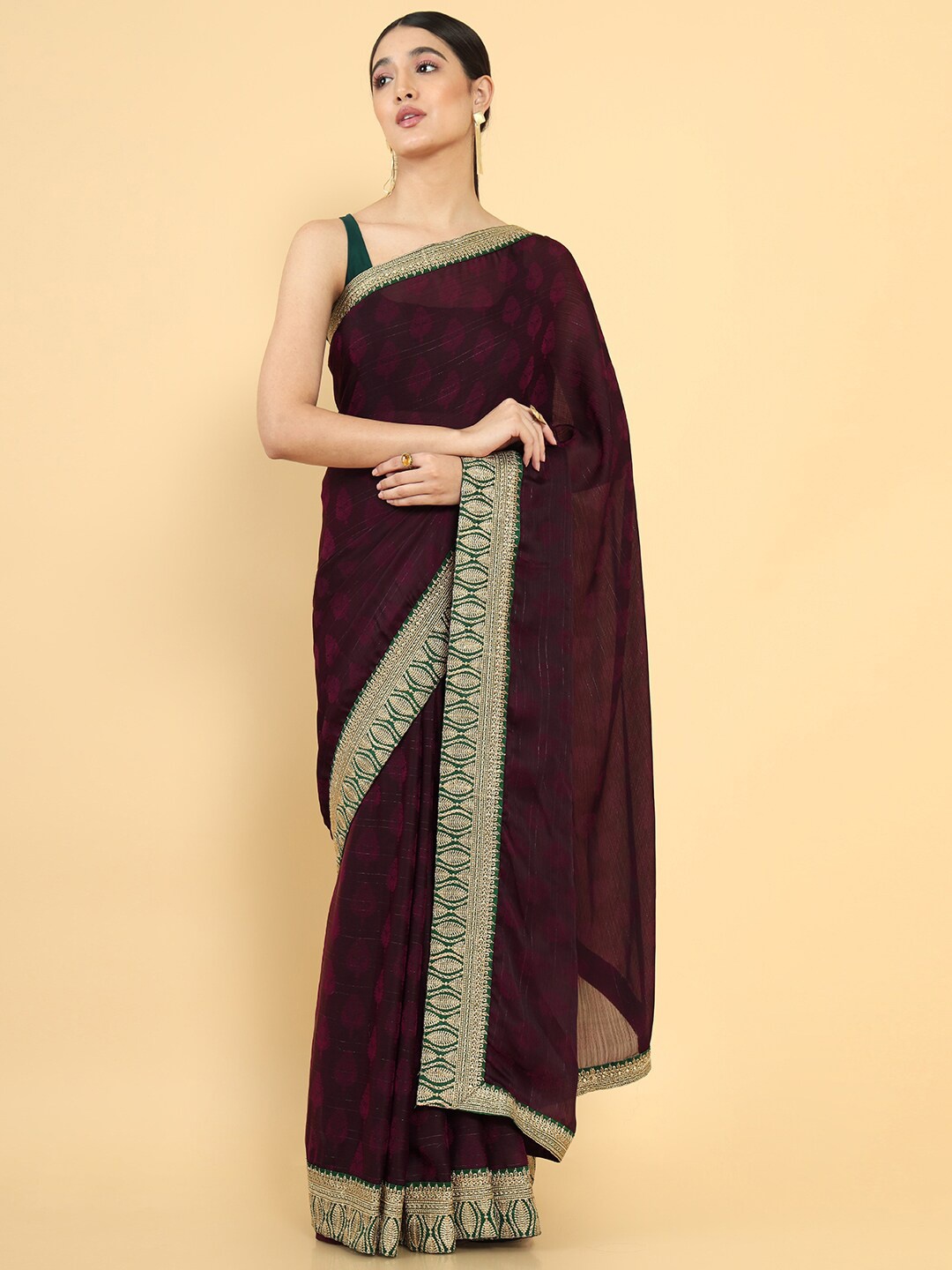 

Soch Maroon & Green Embroidered Silk Blend Tussar Saree