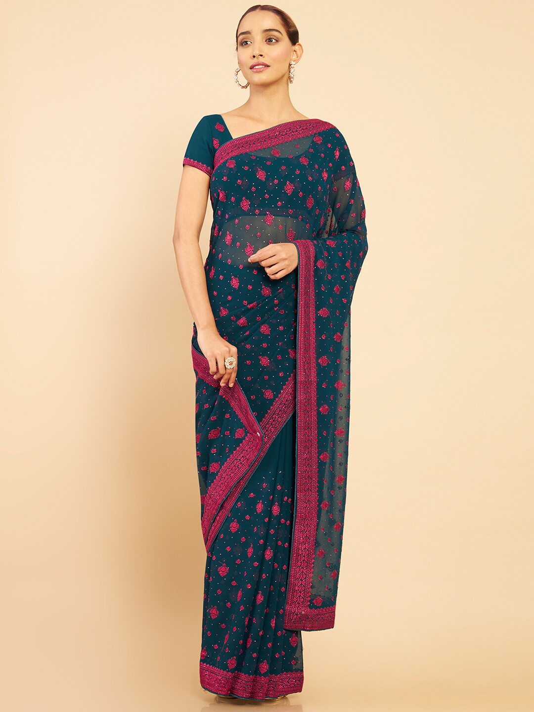 

Soch Navy Blue & Pink Floral Embroidered Pure Georgette Saree