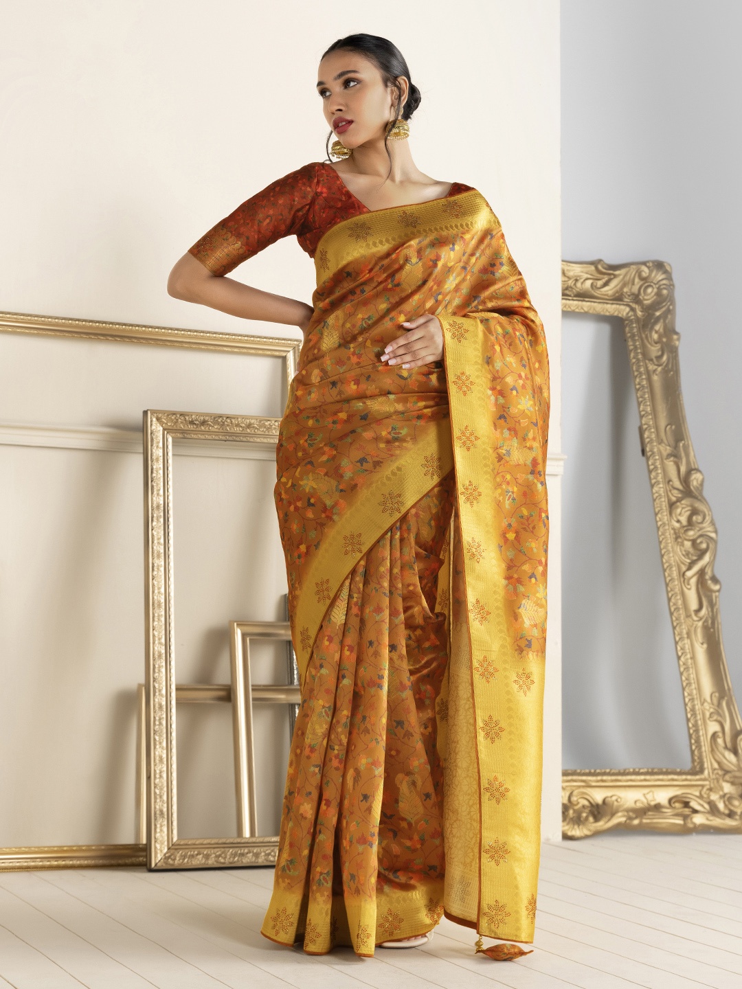 

Soch Rust & Gold Woven Design Beads and Stones Silk Cotton Saree
