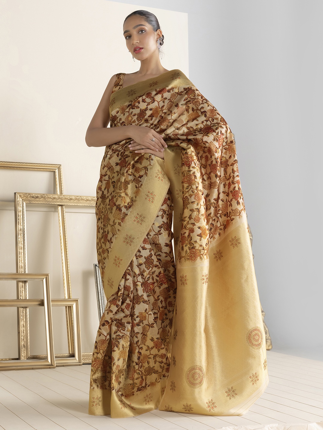 

Soch Beige & Gold-Toned Floral Silk Blend Tussar Saree