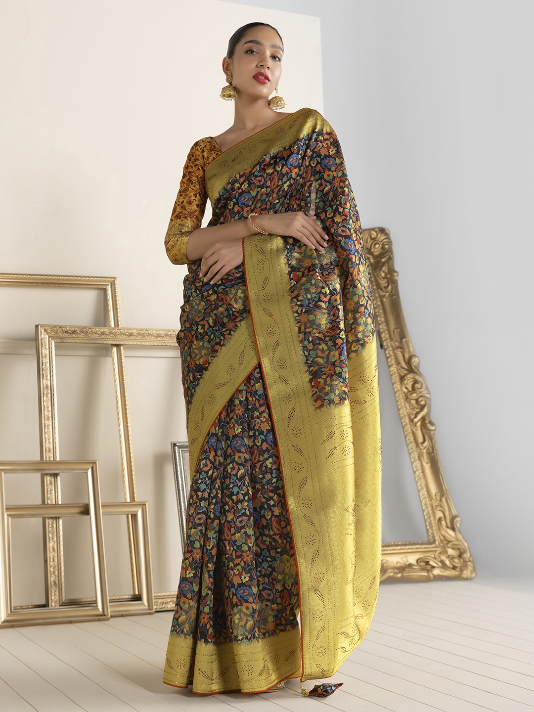 

Soch Black & Gold-Toned Floral Silk Cotton Saree