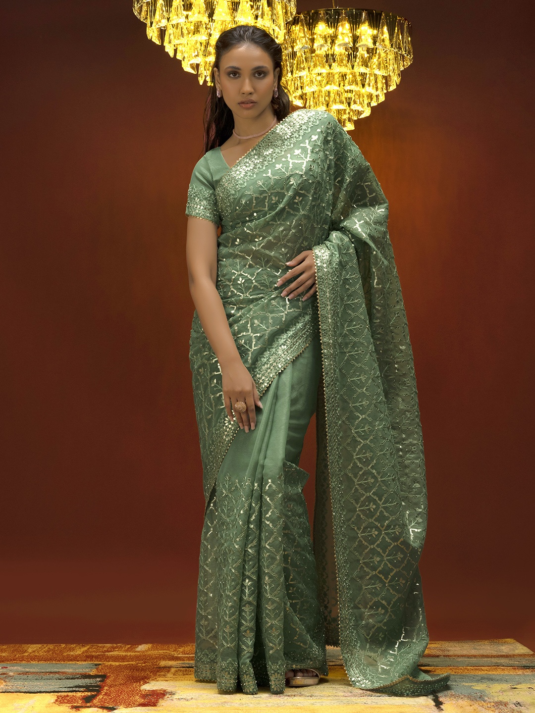 

Soch Green & Silver-Toned Gotta Patti Pure Chiffon Embellished Saree
