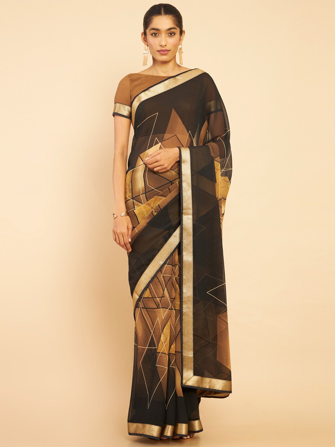 

Soch Black & Gold-Toned Pure Georgette Saree