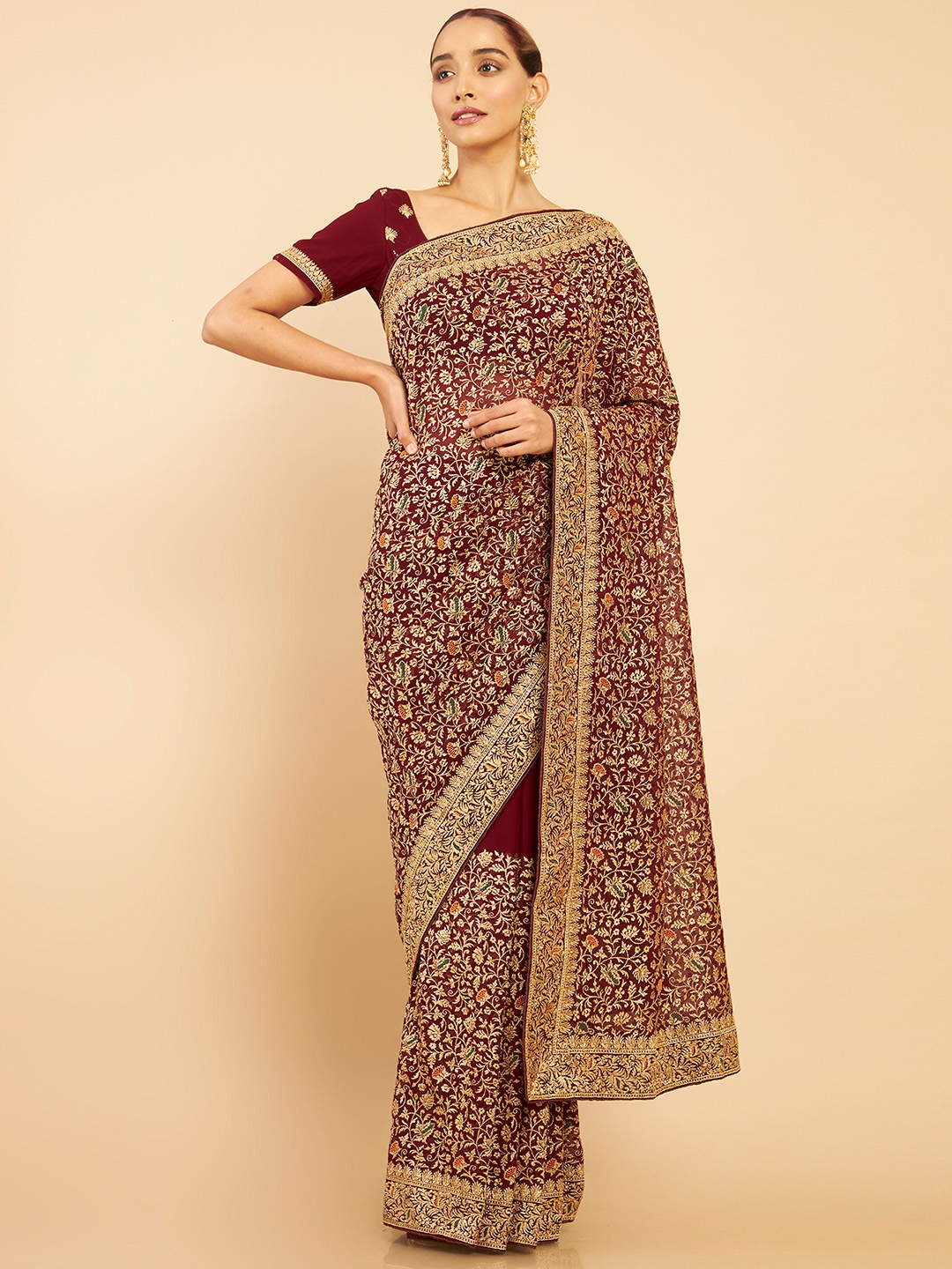 

Soch Maroon & Blue Floral Embroidered Pure Georgette Saree