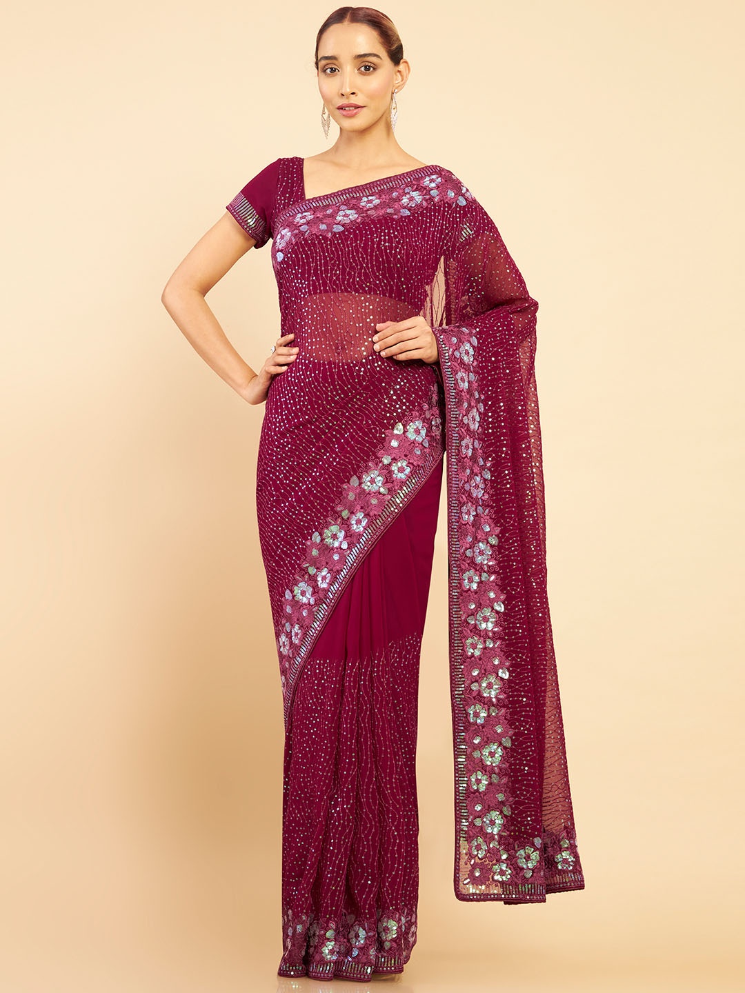 

Soch Maroon & Gold-Toned Floral Sequinned Pure Georgette Saree