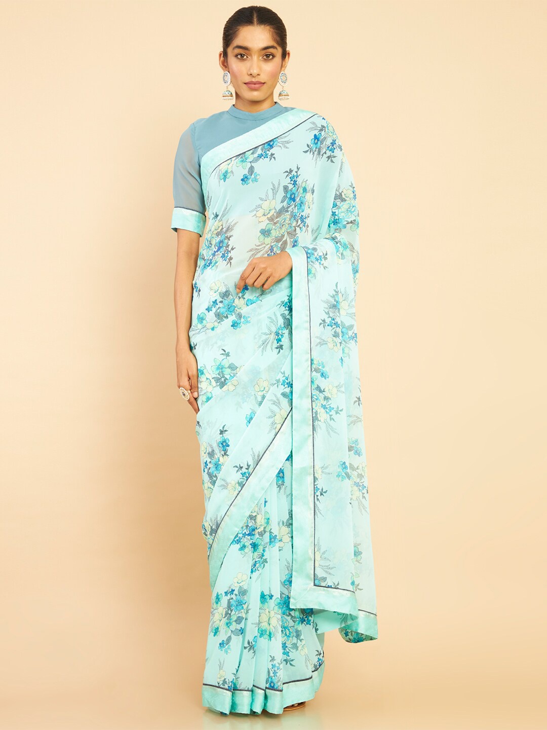 

Soch Sea Green & Cream-Coloured Floral Pure Georgette Saree