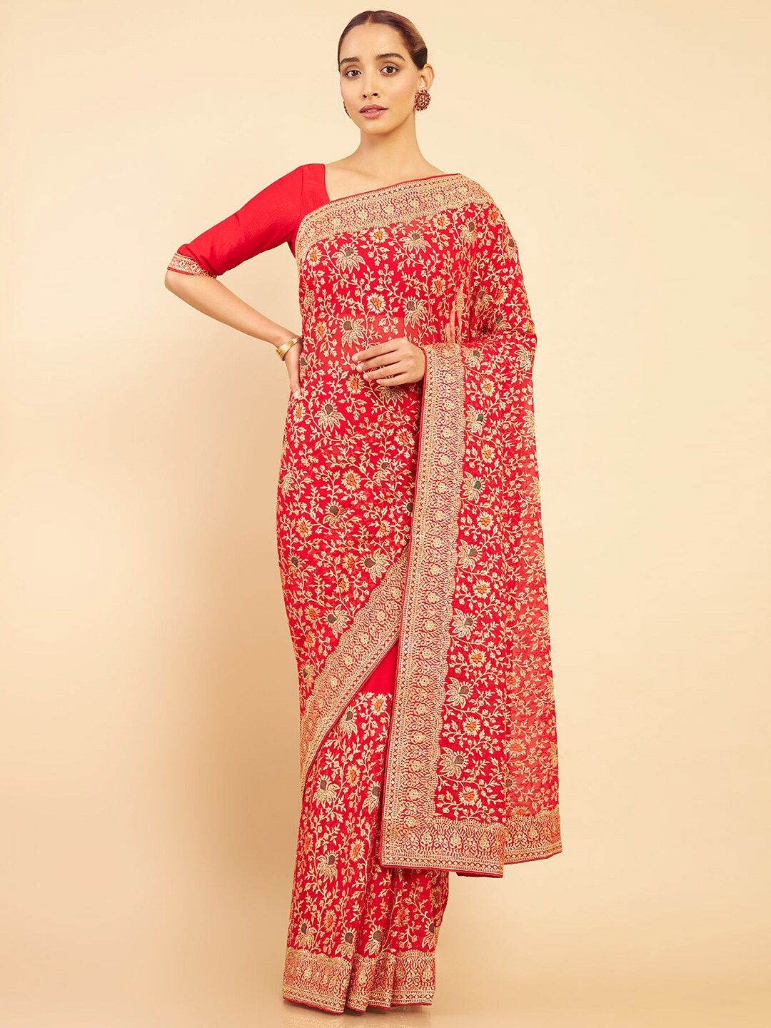 

Soch Red & Gold-Toned Floral Embroidered Pure Georgette Saree