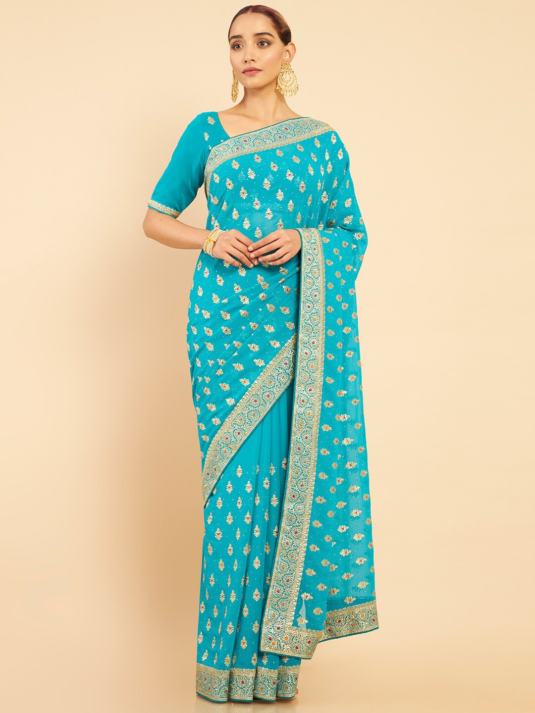 

Soch Blue & Gold-Toned Floral Embroidered Pure Georgette Saree