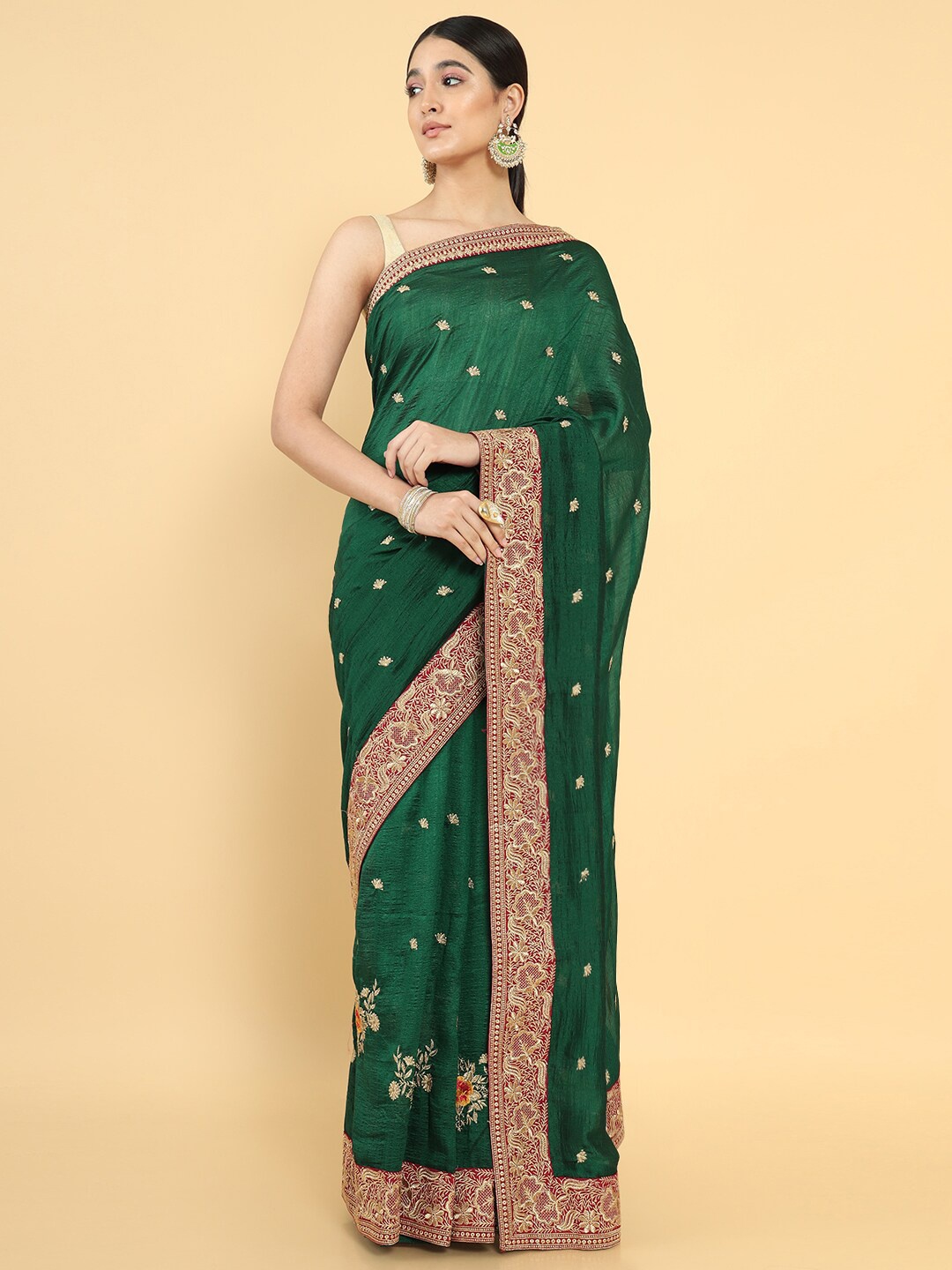 

Soch Green & Red Floral Embroidered Silk Blend Tussar Saree