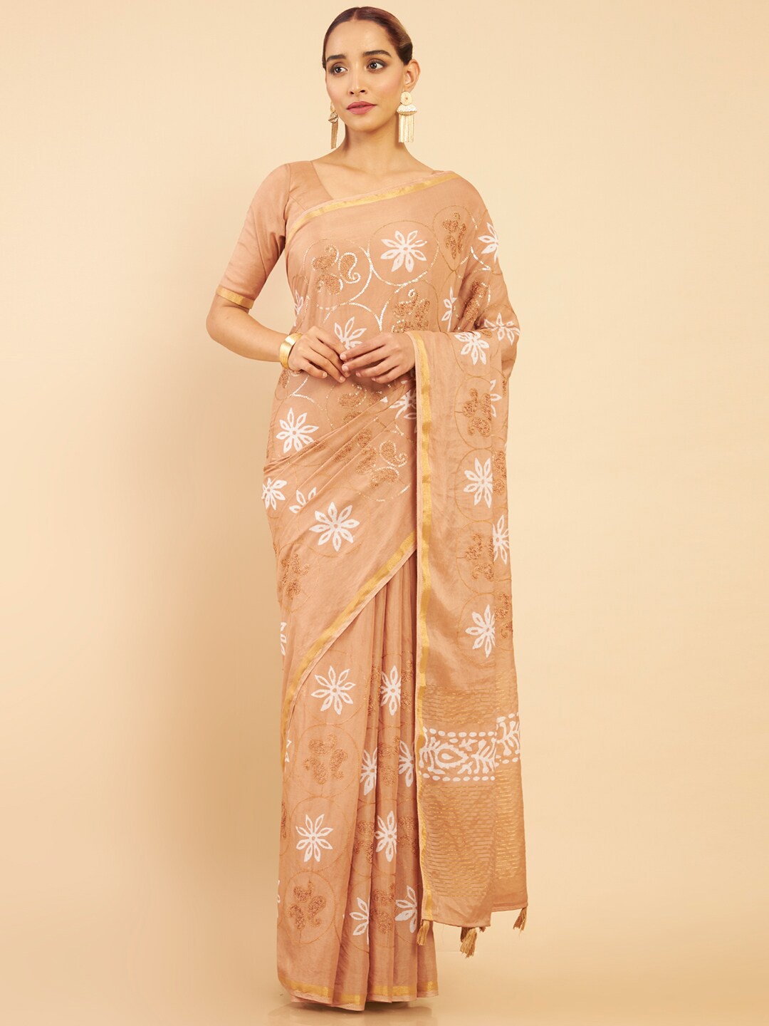 

Soch Beige & White Floral Sequinned Silk Cotton Chanderi Saree