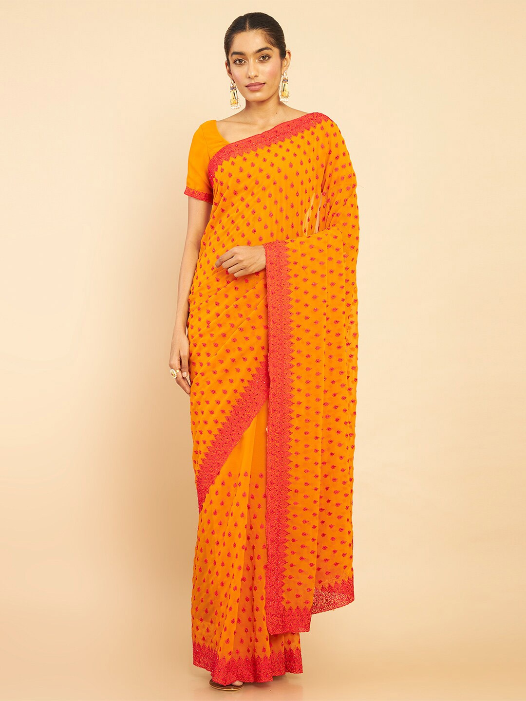 

Soch Orange & Red Ethnic Motifs Pure Georgette Saree