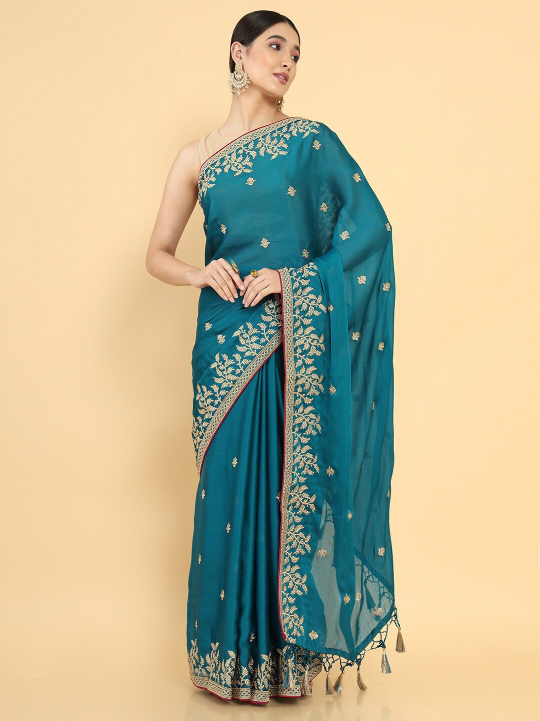 

Soch Blue & Cream Floral Embroidered Pure Chiffon Saree