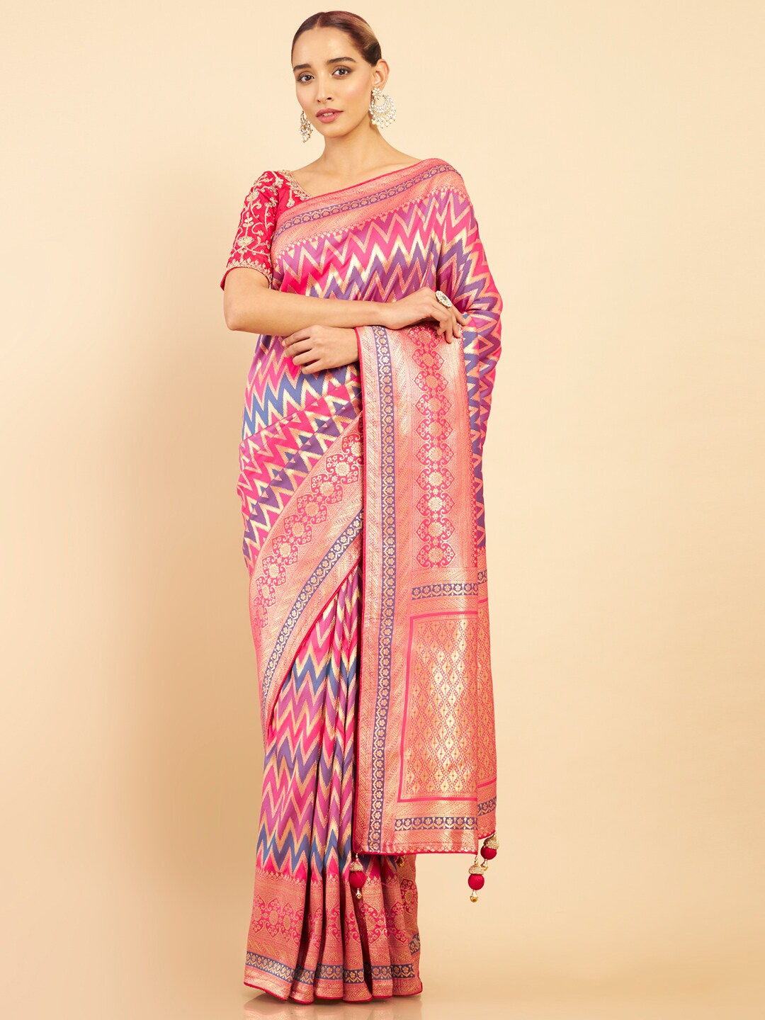 

Soch Red & Purple Woven Design Woven Design Zari Silk Blend Tussar Saree