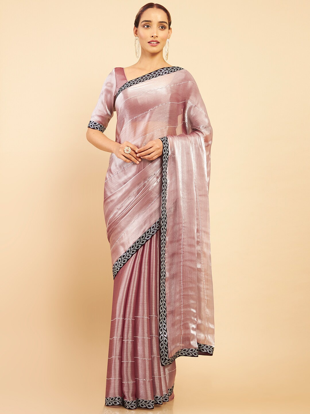 

Soch Purple & Silver-Toned Striped Embellished Organza Saree