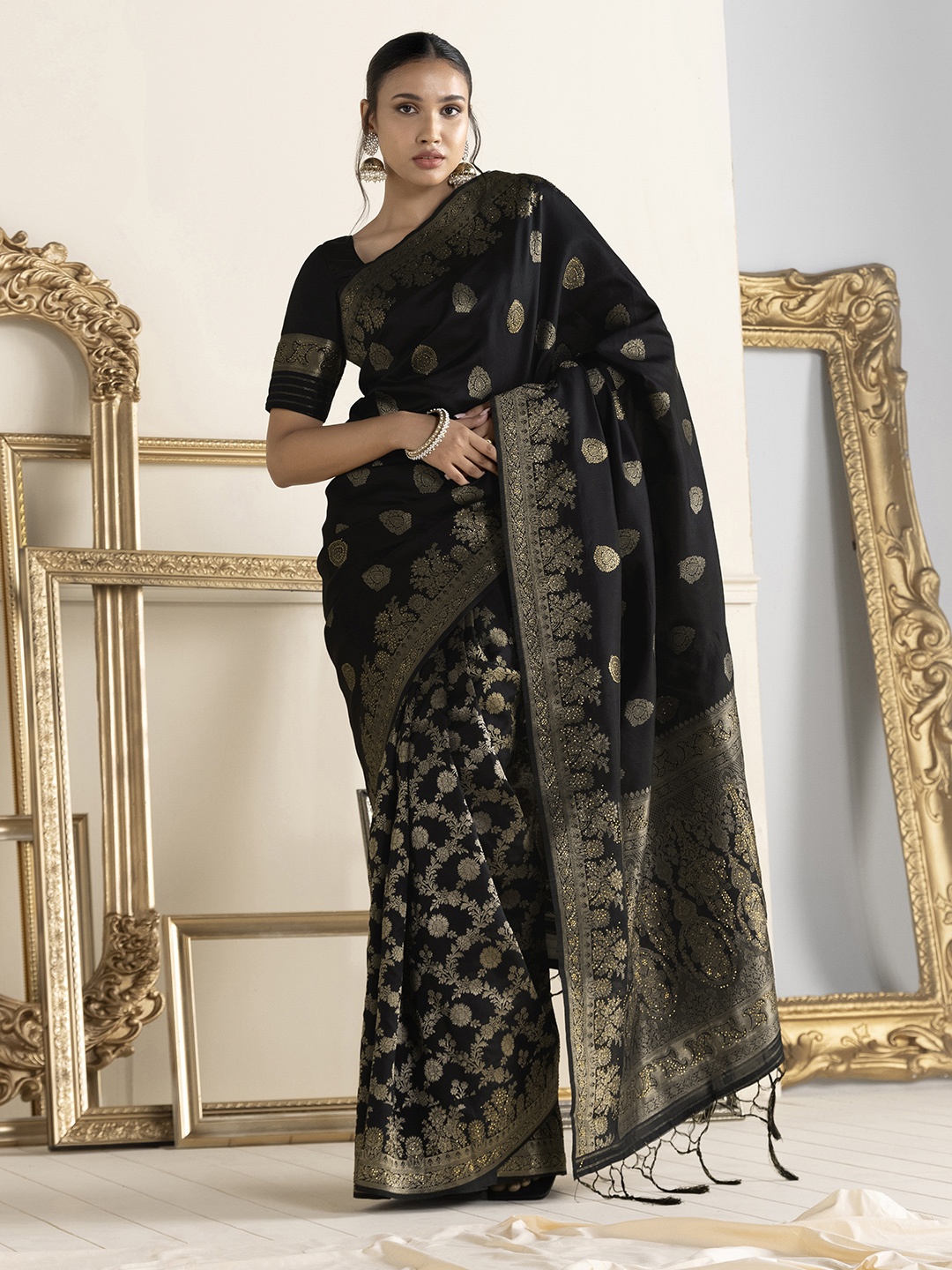 

Soch Black & Gold-Toned Ethnic Motifs Zari Silk Blend Tussar Saree