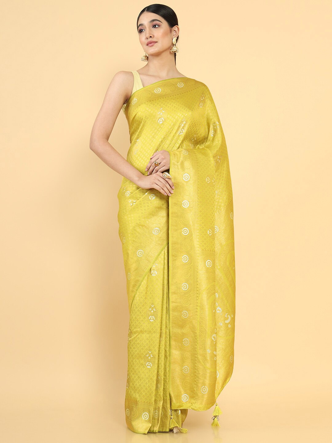

Soch Lime Green & Silver-Toned Ethnic Motifs Zari Silk Blend Tussar Saree