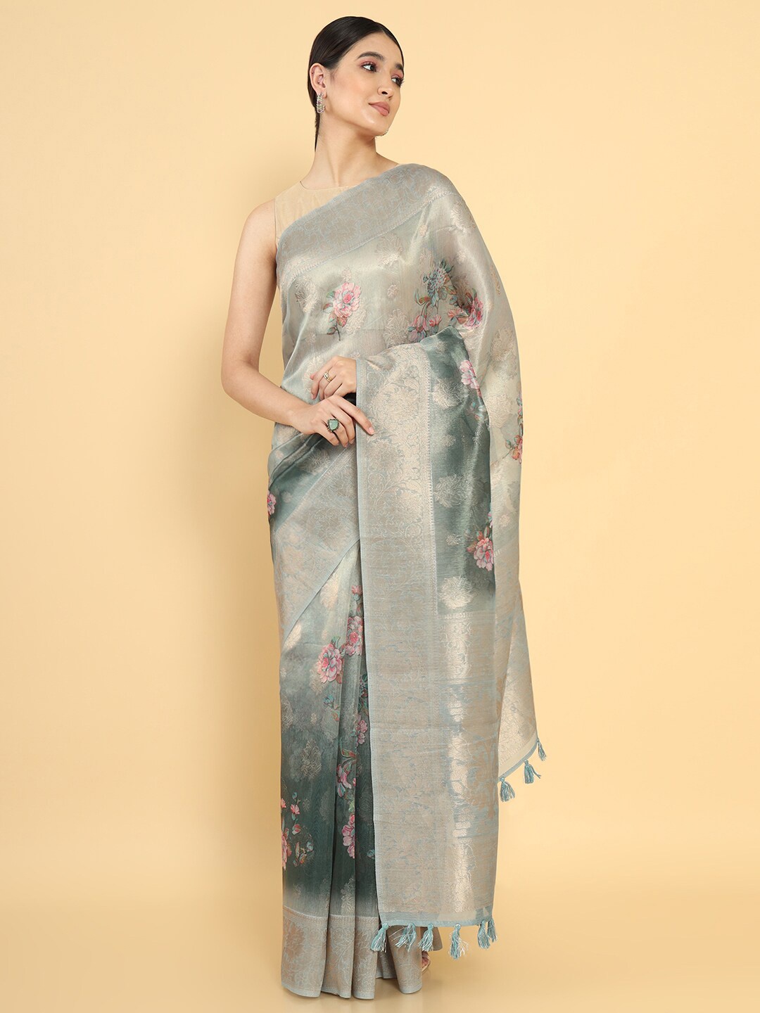 

Soch Grey & Pink Floral Zari Organza Saree